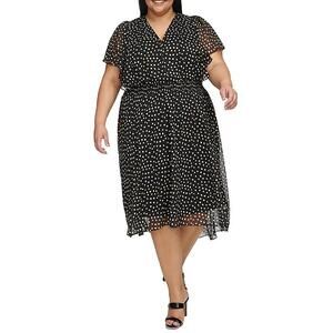 NEW DKNY Chiffon Midi Dress‎ Hi-Low Flutter sleeve Black Polka dot